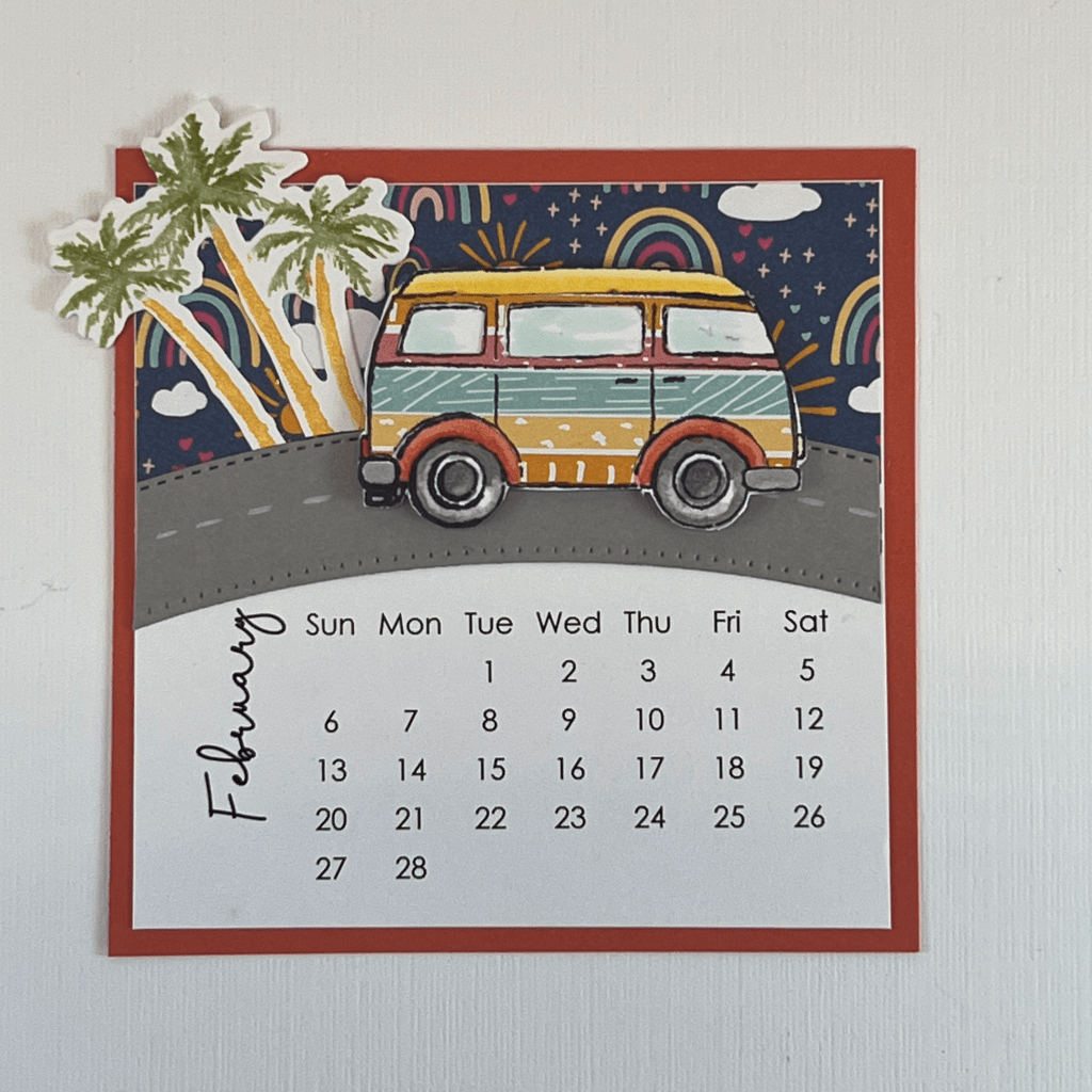 Maui Stamper Stampin Up February 2022 DIY Easel Calendar Driving By Palms dies Sunshine and Rainbows desktop calendar
