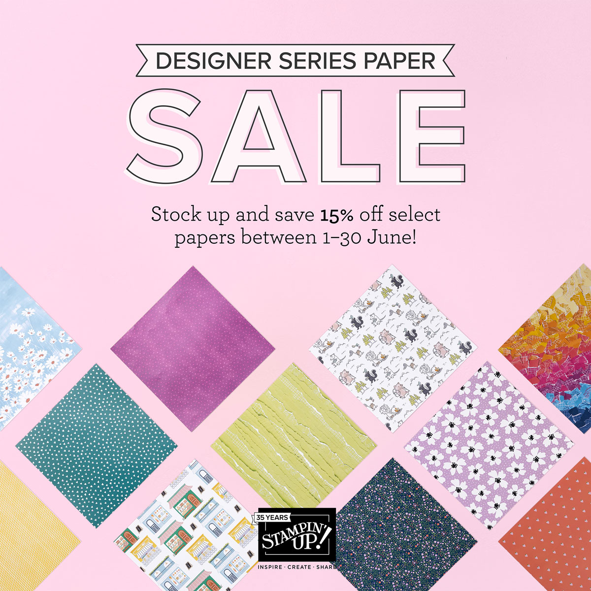 The text Designer Series paper Sale Stock up and save 15% and images of