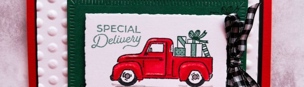 A handmade card with a red truck and the text “special delivery”