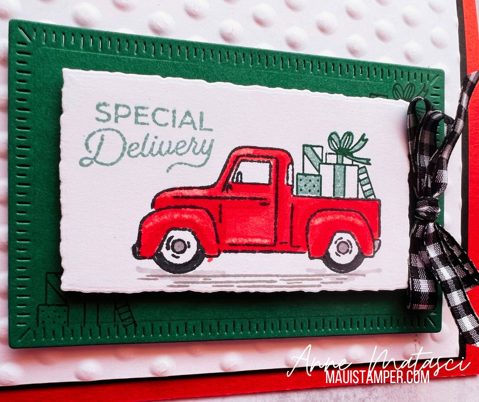 A handmade card with a red truck and the text “special delivery”