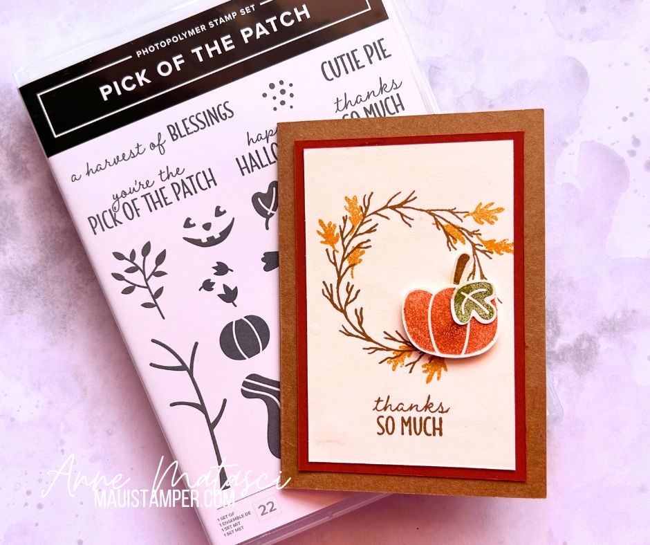a tan note card with the image of a wreath and a pumpkin. Text is "thanks so much"