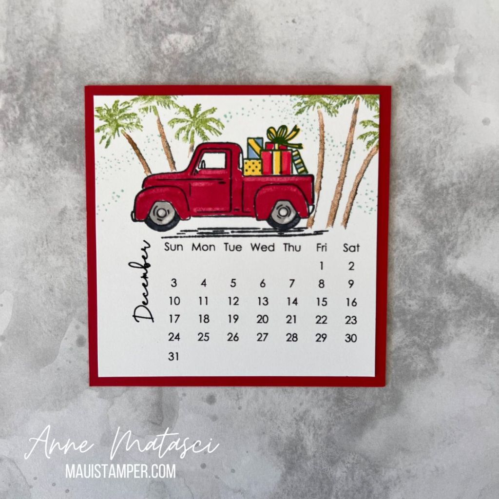 A handmade calendar page for December featuring a red truck and palm trees