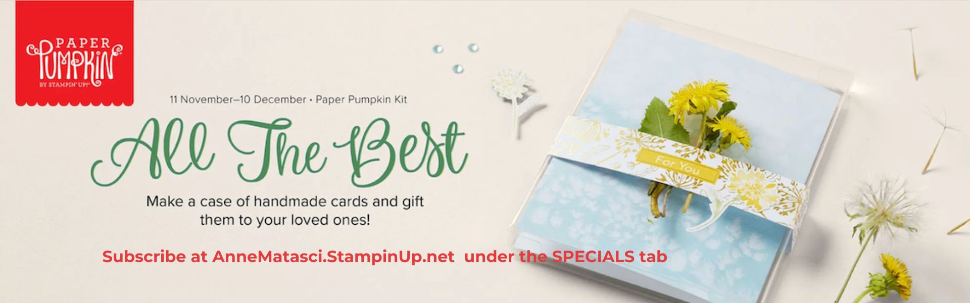 A red banner with the words “Paper Pumpkin”, images of card making supplies, and the phrase “All The Best"