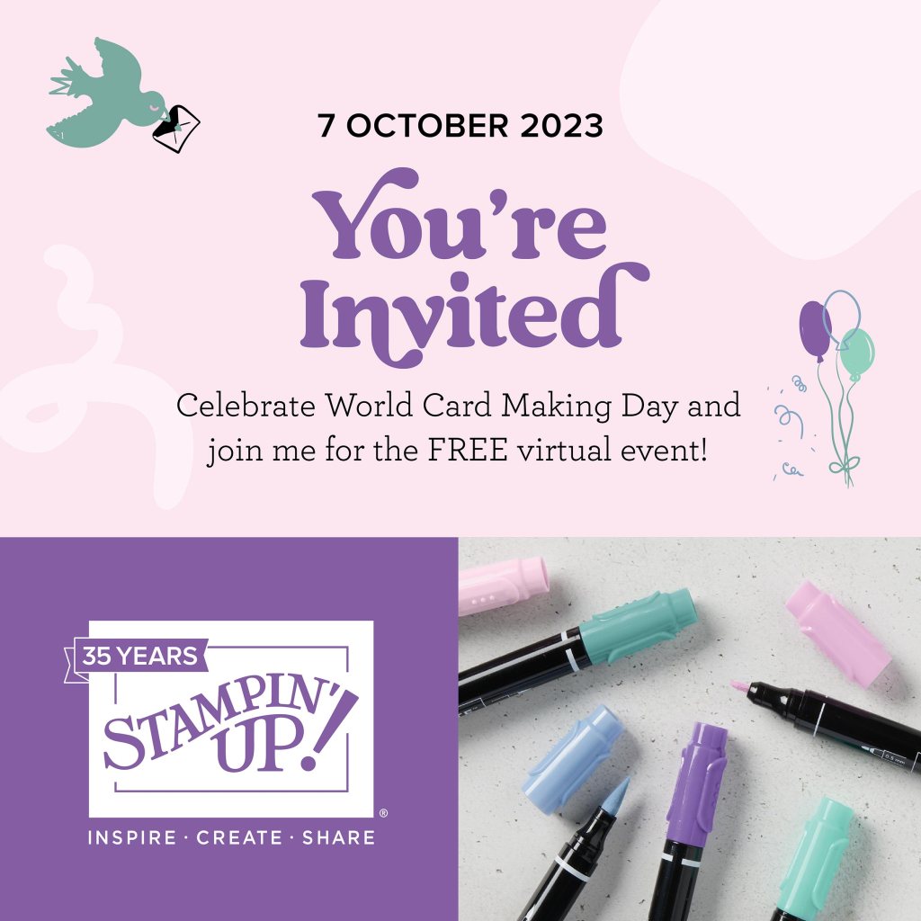 An invitation to the World Card Making Day showing balloons and markers