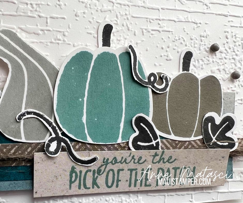 A white card with 3 pumpkins in grey and teal and the words "you're the pick of the patch"