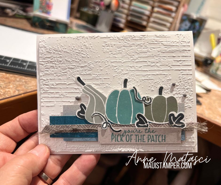 MauiStamper, a Stampin’ Up Demonstrator A handmade card using the Pick of the Patch bundle. Products are available in the 23-24 Annual Catalog and the Sept-Dec Mini Catalog.
