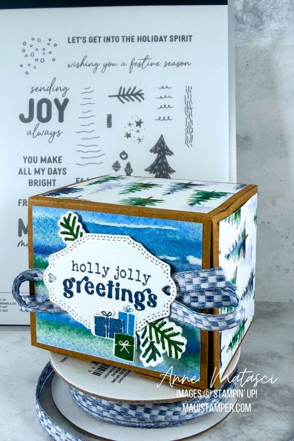 A small Kraft box covered with blue and green holiday designs and the sentiment "Holly Jolly Greetings"