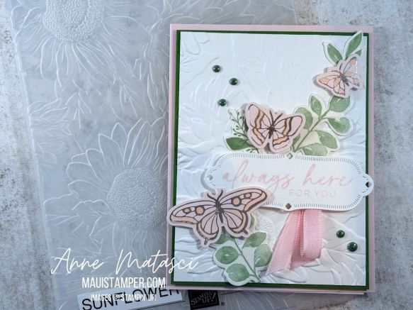 A white card with pink foiled butterflies and the sentiment "Always Here for you"
